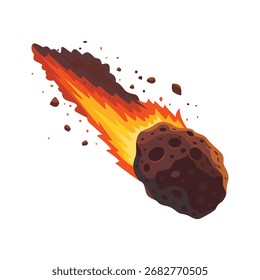 A meteorite is streaking through space with a fiery trail, isolated on a white background. 