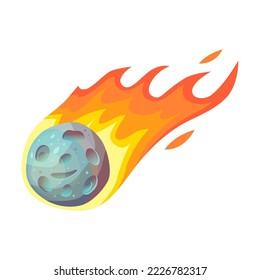 Meteorite with trail of fire behind. Cartoon vector illustration. Colorful asteroid. Space, planet, crater, game concept