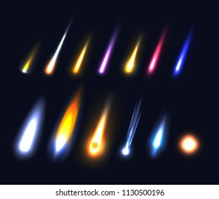 Meteorites comets meteors fireballs and asteroids flying astronomical objects on black transparent background vector realistic illustration