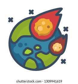 Meteorites with earth vector illustration in line color design
