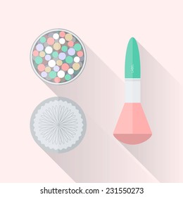 Meteorites powder with brush in flat style with long shadows. Powder balls with kabuki brush. Colorful powder into spheres in a beautiful box