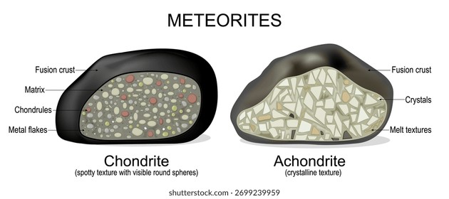 Estructura de meteoritos. Condrita con textura irregular y esferas redondas visibles. La acondrita es piedra con estructura cristalina. Ilustración vectorial