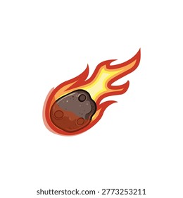 Meteoroid streaking through atmosphere with blazing fire trail, energetic cosmic impact illustration showing speed, heat, light and destructive motion on white background