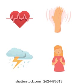 Meteorological dependence icons set cartoon vector. Weather dependent person. Health, feeling unwell