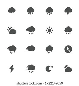 Meteorological flat icons in gray. Set of 16 pieces.