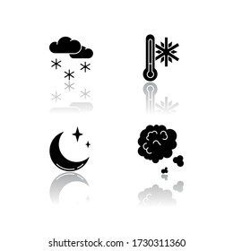 Meteorological forecast drop shadow black glyph icons set. Weather, atmosphere condition prediction. Scattered snow, frost, clear sky and dust. Isolated vector illustrations on white space
