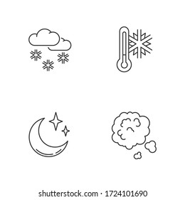 Meteorological forecast pixel perfect linear icons set. Weather, atmosphere condition prediction customizable thin line contour symbols. Isolated vector outline illustrations. Editable stroke