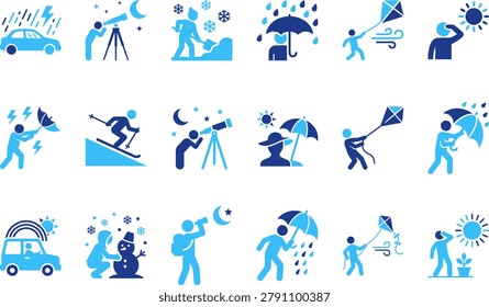Meteorological icons featuring rain snow sun wind kite flying telescope for stargazing and car in weather conditions.