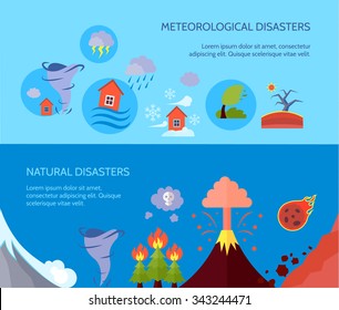 Meteorological natural disasters 2 banners composition poster with forest fire and tsunami information abstract isolated vector illustration