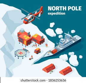 Meteorological north station. Polar north pole background explorer tourism antarctica buildings vector isometric