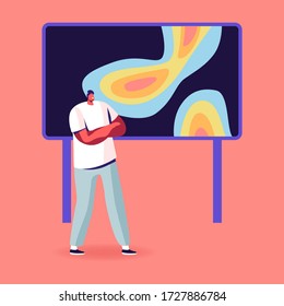 Meteorological Report Concept. Tv Presenter Male Character Stand At Screen With Meteorology Map Forecasting Weather. Anchorman Presenting Monitor With Weather Information. Cartoon Vector Illustration