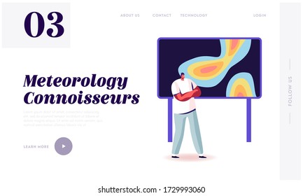 Meteorological Report Landing Page Template. Tv Presenter Male Character Stand At Screen With Meteorology Map Forecasting Weather, Presenting Monitor With Information. Cartoon Vector Illustration