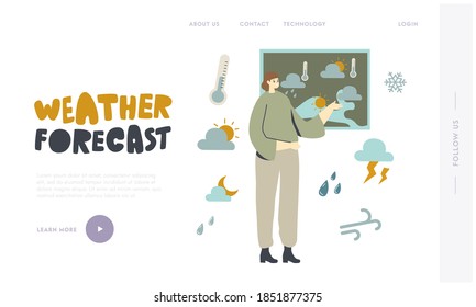 Plantilla de la página de inicio de informe meteorológico. Carácter femenino de presentador en el mapa de meteorología pronóstico del tiempo. Anchorwoman Presentando Monitor con información meteorológica. Ilustración de vectores lineales