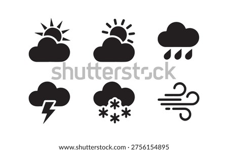 Meteorological signs including sunny intervals heavy rain thunder and breezy conditions, vector icon set