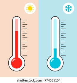 Meteorological thermometer shows heat and cold. Device for measuring high and low temperatures. Vector flat illustration.