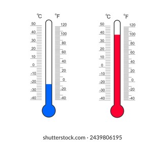 Meteorological thermometers degree scales with Celsius and Fahrenheit cold and heat temperature readouts. Outdoor temperature measuring tools isolated on white background. Vector flat illustration.