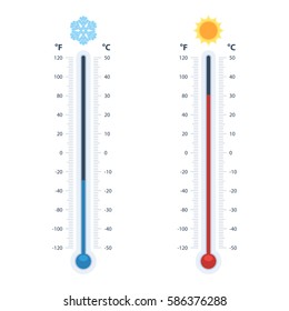 Meteorological thermometers to measure heat and cold air, Celsius and Fahrenheit. Equipment shows hot or cold weather. Icon snow and sun. Vector illustration isolated on white background