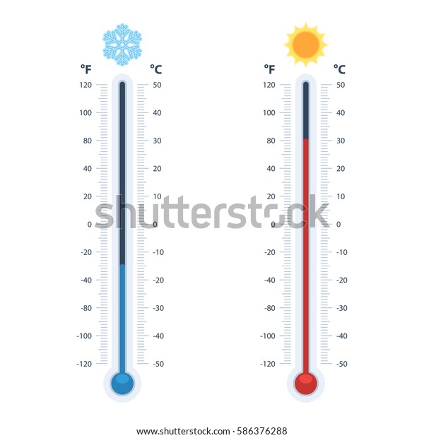 熱と冷気 摂氏 華氏を測る気象温度計 機器は 熱い天気または寒い天気を示す 雪と太陽のアイコン 白い背景にベクターイラスト のベクター画像素材 ロイヤリティフリー