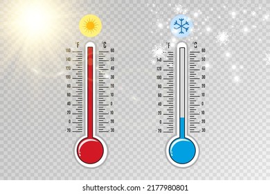 Meteorological thermometers on a white background. Blue and red thermometers. Vector illustration	