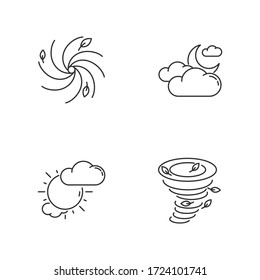 Ajuste de iconos lineales perfectos de píxeles de advertencia meteorológica. Previsión del mal tiempo, predicción personalizable de los símbolos de contorno de línea delgada. Ilustraciones aisladas del contorno vectorial. Trazo editable