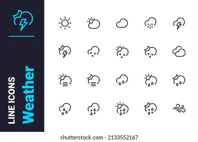 Meteorological weather forecast icons set vector illustration. Sun, clouds, snowflakes, wind, rainbow, moon line icon. Weather change concept