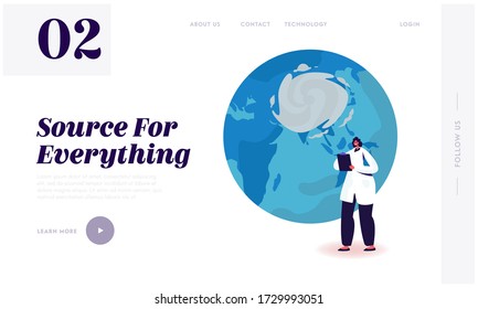 Meteorological Weather Forecast, Meteorology and Cartography Landing Page Template. Female Character in Robe Writing in Clipboard stand at Earth Globe with Cyclone Vortex. Cartoon Vector Illustration