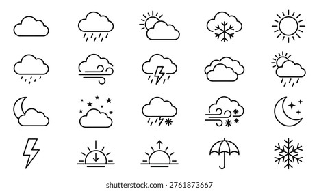 Meteorological weather phenomena collection, linear stroke outline symbols, rain, storms, sunshine, temperature, and climate