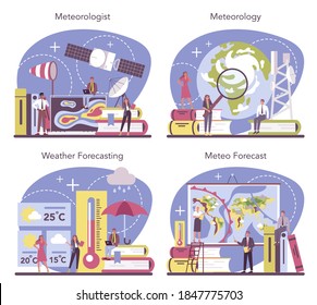 Meteorologist concept set. Weather forecaster studying and researching weather and climate condition. Meteorology science. Isolated vector illustration