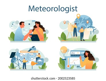 Meteorologist concept set. Weather forecaster studying and researching weather and climate condition. Meteorology science. Isolated vector illustration