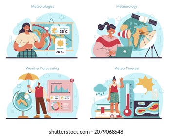 Meteorologist Concept Set. Weather Forecaster Studying And Researching Weather And Climate Condition. Meteorology Science. Isolated Vector Illustration