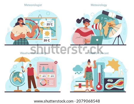 Meteorologist concept set. Weather forecaster studying and researching weather and climate condition. Meteorology science. Isolated vector illustration