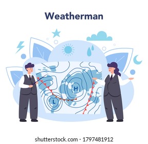 Meteorologist concept. Weather forecaster studying and researching weather and climate condition. Meteorology science. Isolated vector illustration