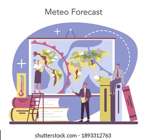 Meteorologist concept. Weather forecaster studying and researching weather and climate condition. Meteorology science. Isolated vector illustration