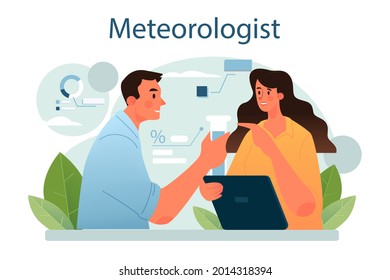 Concepto de meteorólogo. Analista meteorológico que estudia e investiga las condiciones meteorológicas y climáticas. Ciencia de la meteorología. Ilustración vectorial aislada
