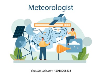 Meteorologist Concept. Weather Forecaster Studying And Researching Weather And Climate Condition. Meteorology Science. Isolated Vector Illustration