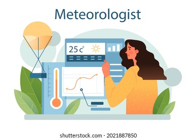 Meteorologist concept. Weather forecaster studying and researching weather and climate condition. Meteorology science. Isolated vector illustration