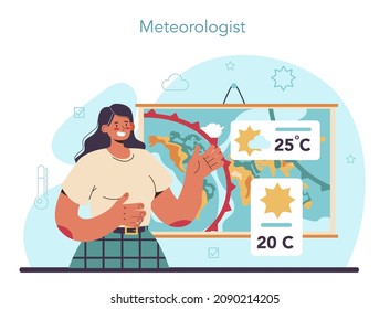 Meteorologist concept. Weather forecaster studying and researching weather and climate condition. Meteorology science. Isolated vector illustration