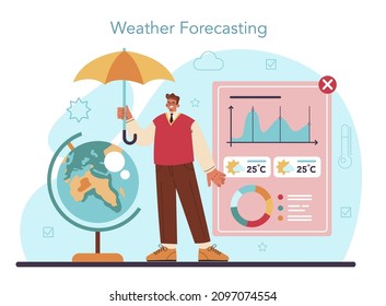 Meteorologist Concept. Weather Forecaster Studying And Researching Weather And Climate Condition. Meteorology Science. Isolated Vector Illustration