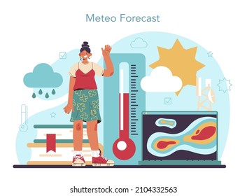 Meteorologist Concept. Weather Forecaster Studying And Researching Weather And Climate Condition. Meteorology Science. Isolated Vector Illustration