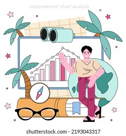 Meteorologist Concept. Weather Forecaster Studying And Monitoring Weather And Climate Condition. Meteorology Chart Anaysis. Flat Vector Illustration