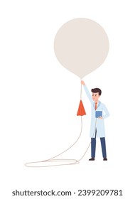 Meteorologist holding weather balloon. Scientist going to send sonde in atmosphere to collect data. Isolated flat vector illustration.