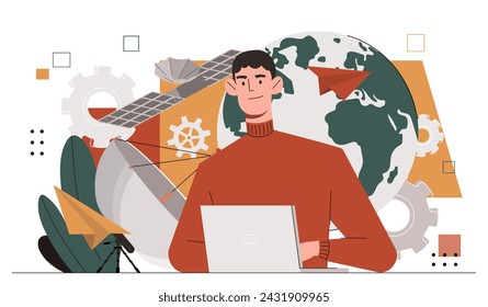 Meteorologist with laptop. Man writing forecasts and predictions about weather. Meteorology and newcasts, information. Cartoon flat vector illustration isolated on white background