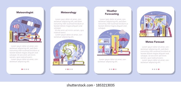 Meteorologist mobile application banner set. Weather forecaster studying and researching weather and climate condition. Meteorology science. Isolated vector illustration