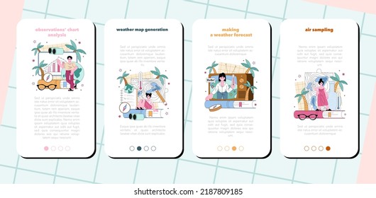 Meteorologist mobile application banner set. Weather forecaster studying and monitoring weather and climate condition. Meteorology chart anaysis. Flat vector illustration