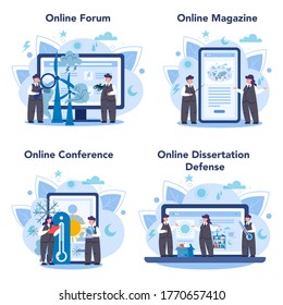 Meteorologist online service or platform set. Weather forecaster studying climate condition. Online forum, magazine, dessertation defense and conference. Isolated vector illustration