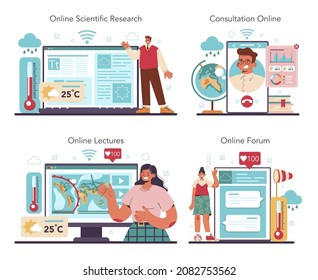 Meteorologist online service or platform set. Weather forecaster studying and researching weather and climate condition. Online consultation, forum, lecture, research. Isolated vector illustration