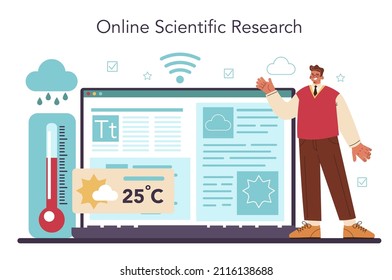 Meteorologist online service or platform. Weather forecaster studying and researching weather and climate condition. Online research. Isolated vector illustration