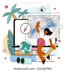 Meteorologist online service or platform. Weather forecaster studying and monitoring weather and climate condition. Meteorology chart anaysis. Online conference. Flat vector illustration