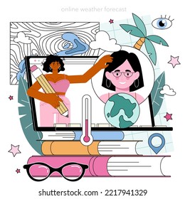 Meteorologist online service or platform. Weather forecaster studying and monitoring weather and climate condition. Meteorology chart anaysis. Online weather forecast. Flat vector illustration