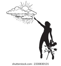 The meteorologist predicts the weather forecast, holding a weather vane.